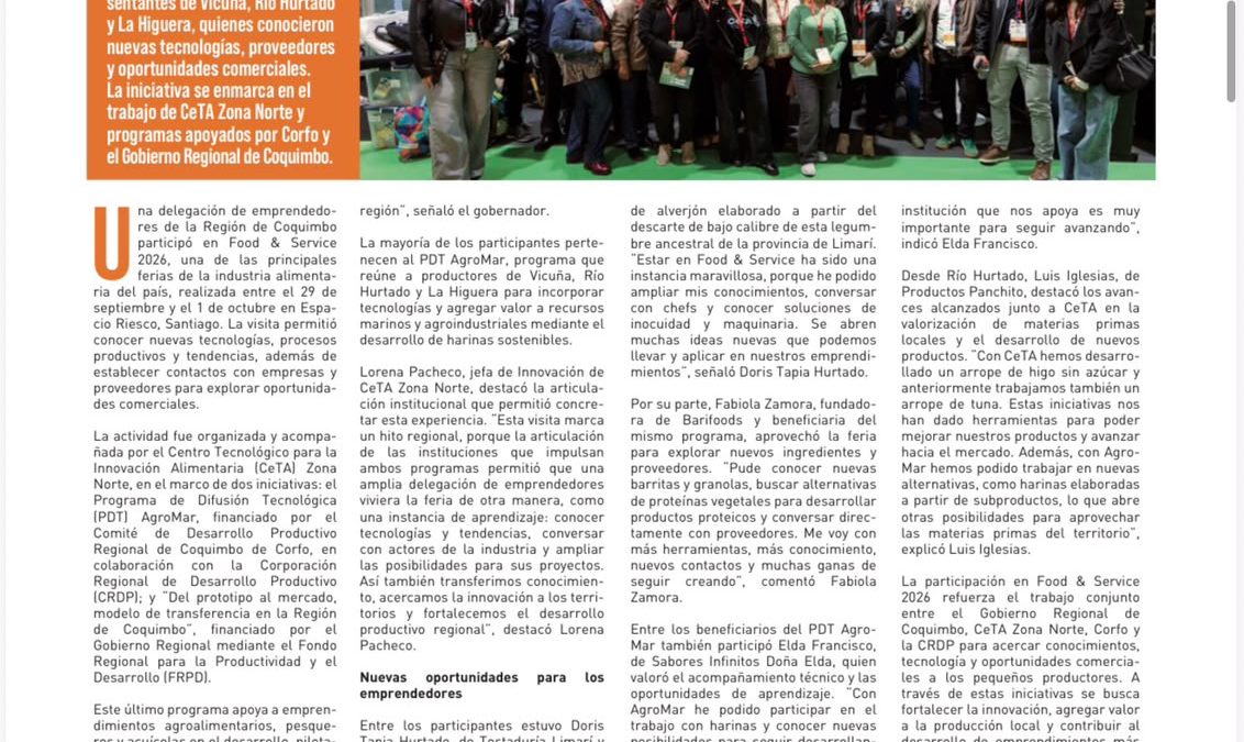 Diario El Día destaca participación de emprendedores de Coquimbo en Food & Service 2026